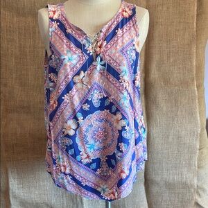 J. Jill Pink and Blue Graphic Tie Front Tank Top